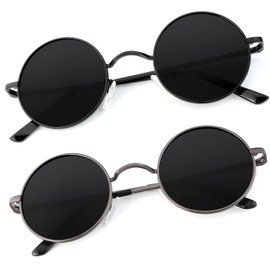2 PACK Round Sunglasses Men Women Polarized Hippie Round Sun Glasses Circle Sun Glasses Metal Frame With UV Protection, Black and Gunmetal Rim (45mm)