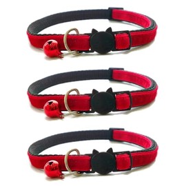 Velvet Cat Collars with Bell. Safe Breakaway Quick Release Buckle. Available in Cat & Kitten Size (Pack of 3) (Kitten Collar (15cm - 23cm), Red Velvet (Pack of 3))