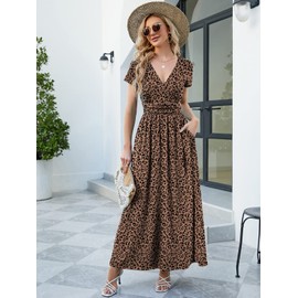 ANRILITA Maxi Dress for Women Wrap V Neck Short Sleeve Empire Pleated Waist Summer Casual Elegant Long Dresses with Pockets Brown Leopard