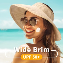 AGLIFEFY Sun Hats for Women Straw Roll-Up Wide Brim UV UPF Packable Foldable Travel Visor Beach Hat Pure-White