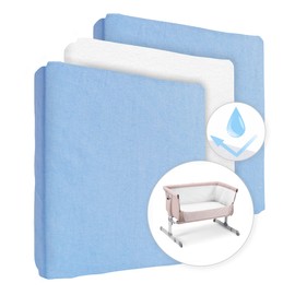 2 Cotton Jersey Fitted Sheets with 1 Waterproof Mattress Protector for 90x55 cm Baby Bedside Crib (Blue)