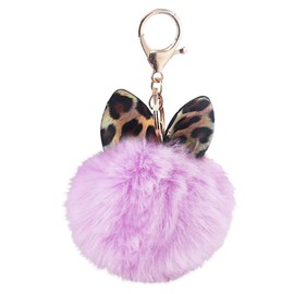 White Fang AZ094 Women's Key Ring Charm Keychain Cat Ears Cat Leopard Pattern Fluffy, purple