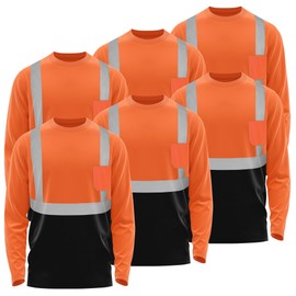 W&H 6PCS Hi Vis Safety Long-Sleeve Shirts, Reflective Birdeyes, Fast-Dry & Breathable with Black Bottom, Ideal for Work & Warehouse 6PCS Orange XL