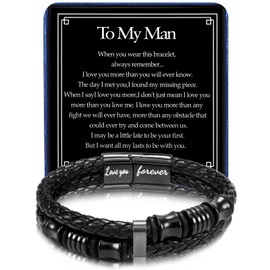 Mens Leather Bracelets Jewellery Gifts for Men Him Husband Boyfriend To My Man Adjustable Stainless Steel Wrist Bracelet Men with Card Letters Birthday Christmas
