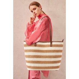 KALIDI Straw Tote Beach Bag Striped Shoulder Handbag Stitch Woven PU Leather Handle Zipper Closure Inner Pocket Travel Shopping Picnic