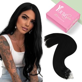 YoungSee Micro Loop Hair Extensions Black Microloop Hair Extensions Human Hair Jet Black Bead Extensions Human Hair Black #1 20 Inch 50s 50g Micro Ring Loop Hair Extension Straight