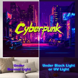 City Blacklight Tapestry, Japanese Anime Tapestry Punk Game Fantasy Night View Cityscape Futuristic Neon Art Wall Hanging Tapestries for Bedroom Decor 79x59in