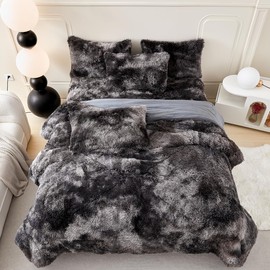 PERFEMET 3 Pcs Dark Grey Fluffy Faux Fur Comforter Full Size Plush Shaggy Tie Dye Bedding Sets Ultra Soft Long Hair Flannel Fuzzy Comforter for Kids Teens(Dark Grey, Full)