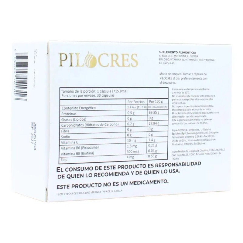 Pilocres Suplemento Alimenticio 30 Cápsulas Sin Sabor