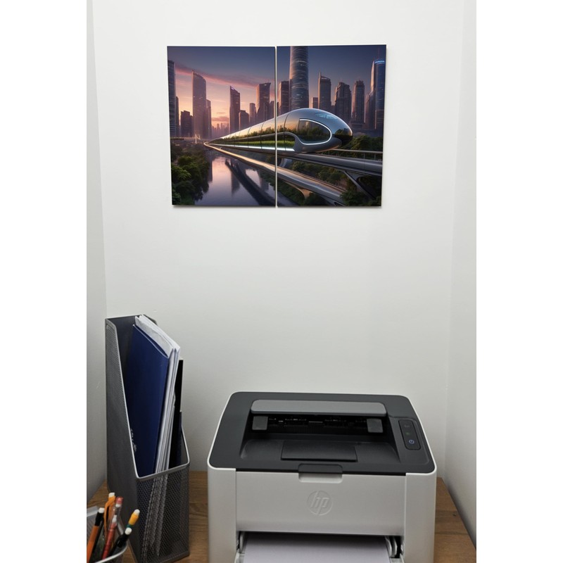 The Plum Penguin Futuristic Cityscape A4 Wood Wall Art -