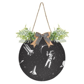 Oyihfvs Astronaut Rockets in Universe Space On Black Door Hanging Sign, 12" Merry Christmas Front Plaque Board Round Wreath for Daily Holiday Welcome Home Garden Yard Wall Pediments