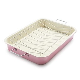 GreenLife Soft Grip Healthy Ceramic Nonstick, 16.5" x 12" Roasting Pan with Stainless Steel Roaster Rack, PFAS-Free, Dishwasher Safe, Soft Pink