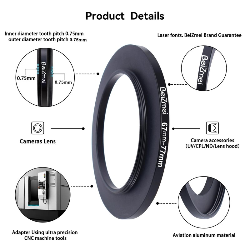 67mm to 77mm Adapter Ring for Camera Filter Compatible with