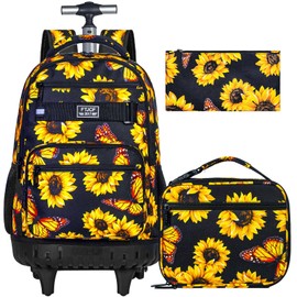 ZLYERT 3Pcs Rolling Backpack for Girls Women, Travel Roller Backpacks with Wheels for Adults, Teens College Sunflower Wheeled Bookbag with Lunch Box(Yellow)