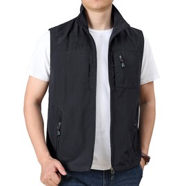Hixiaohe Mens Lightweight Vest Summer Casual Outdoor Vest Utility Travel Golf Work Zip Sleeveless Jacket with Pockets(Black,XL)