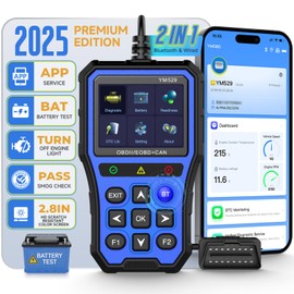 Bluetooth OBD2 Scanner with Battery Tester & Monitoring & Life Test - Support Checking Car Diagnostic Information on iPhone & Android, 2.8 inch HD Large Color Screen, TPU case Protection, Blue