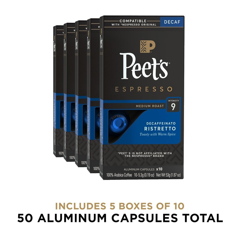 Peet's Coffee, Medium Roast Decaf Espresso Capsules, Compatible with Nespresso