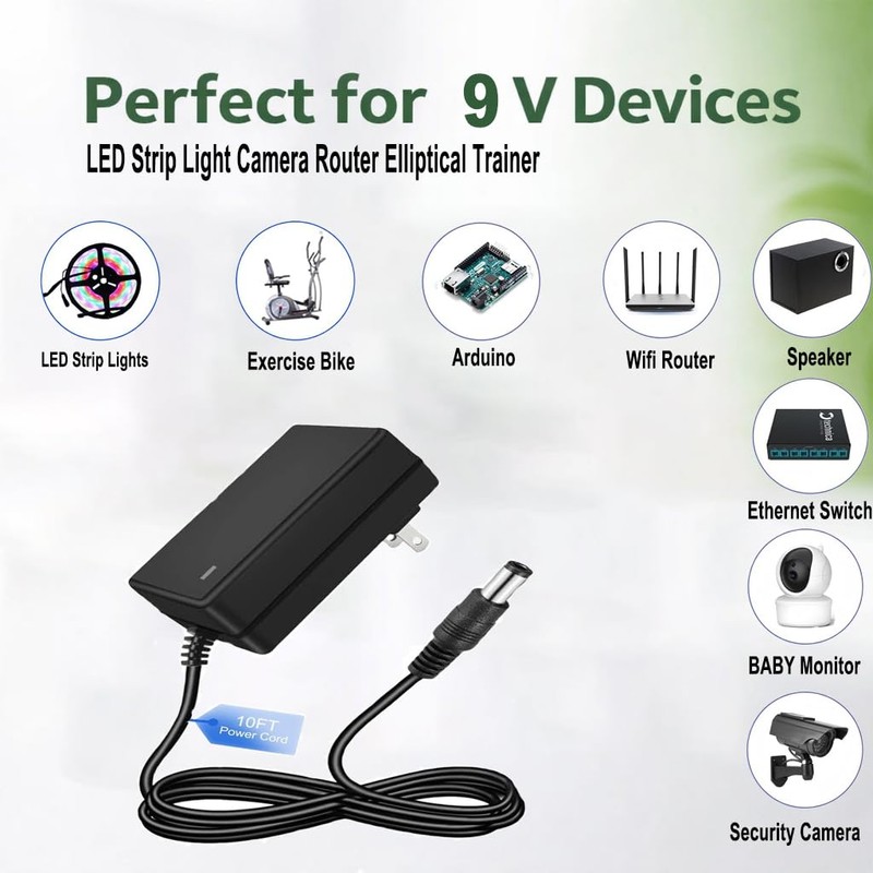9V 1.5A 13.5W AC DC Power Supply Adapter 10ft Cord