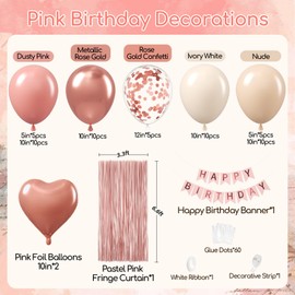 Pink Birthday Decorations for Women with Dusty Pink Nude White Metallic Rose Gold Confetti Foil Balloons Fringe Curtain Happy Birthday Banner for Women Birthday Decorations