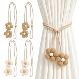 VLUNT 4 Pack Wooden Floral Beaded Curtain Tie Backs Rope Curtain Holdbacks
