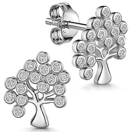 MATERIA by Matthias Wagner Tree of Life Stud Earrings Silver 925 Cubic Zirconia Earrings for Women, Silver Cubic Zirconia