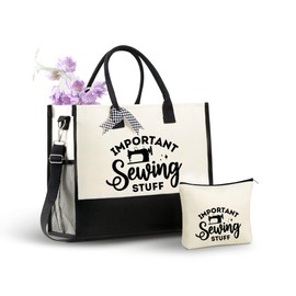 InnoBeta Sewing Gifts Canvas Tote Bag, Important Sewing Stuff Bag with Top Zipper Closure and Shoulder Strap for Birthday, Mother's Day, Christmas