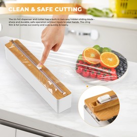 Quasziwa Magnetic Cling Film Dispenser with Cutter - Improved Foil Cutter Dispenser, Practical Aluminium Foil Dispenser Drawer for Kitchen, Foil Dispenser with 100 m Cling Film, Bamboo