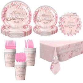 81 Pieces Pink Birthday Plates and Napkins Party Tableware Set with Happy Birthday Party Decorations Tablecloth，Paper Plates,Napkins and Plastic Forks Knives Spoons Serve for 10 Guests