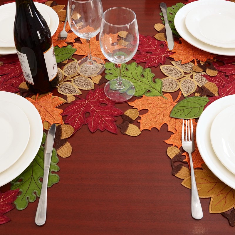 Simhomsen Embroidered Fall Autumn Thanksgiving Multi-Color Leaves Table Runner (14