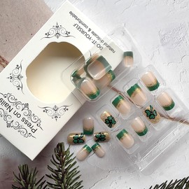 24Pcs St. Patrick's Day Press on Nails Short Square French Tip Fake Nails with Gold Glitter Design Green Shamrock False Nails Nude Pink Full Cover Artificial Glue on Nails for Women Artificial Nails