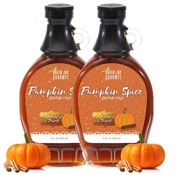 Green Jay Gourmet Pumpkin Spice Syrup - Premium Breakfast Syrup with Pumpkin, Spices & Lemon Juice - All-Natural, Non-GMO Pancake Syrup, Waffle Syrup & Dessert Syrup - 16 Ounces