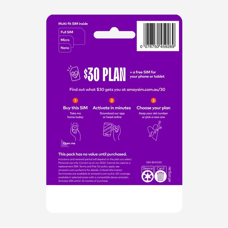 amaysim $30 Prepaid Starter Pack Multi-fit SIM
