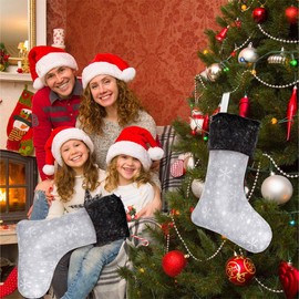 Senneny Christmas Stockings- 4 Pack 18" Grey and White Snowflake Christmas Stockings with Black Plush Faux Fur Cuff, Large Christmas Stockings Decorations for Family Christmas Holiday Party (Grey)