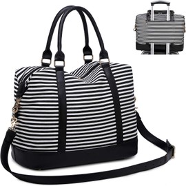 CAMTOP Women Ladies Weekender Travel Bag Canvas Overnight Carry-on Duffel Tote Luggage (Stripe -Black)