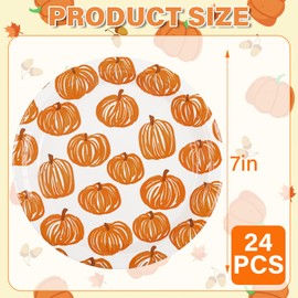 Fall Pumpkins Paper Plates Hello Pumpkin Disposable 7" Dessert Plate Autumn Orange White Line Pumpkin Tableware for Thanksgiving Birthday Baby Shower Party Supplies (24)