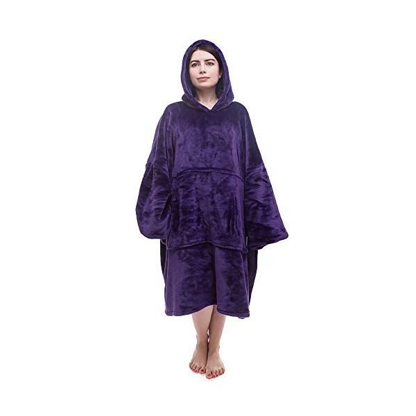 Hoodie Blanket,Wearable Sleeves Blanket,Cozy Warm Giant Hoodie,One Size Fits All Oversized Blanket Hoodie with Extra Length,Big Hoodie and Huge Pocket-Medium Purple