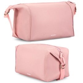 KAZAY Travel Toiletry Bag, Smart Design with Side Clips for Adjustable Sizing, Water Resistant, Premium Nylon, Cosmetic Bag, Stylish, Full-Size Bottles, Travel Size Toiletries, Makeup Bag (Pink)