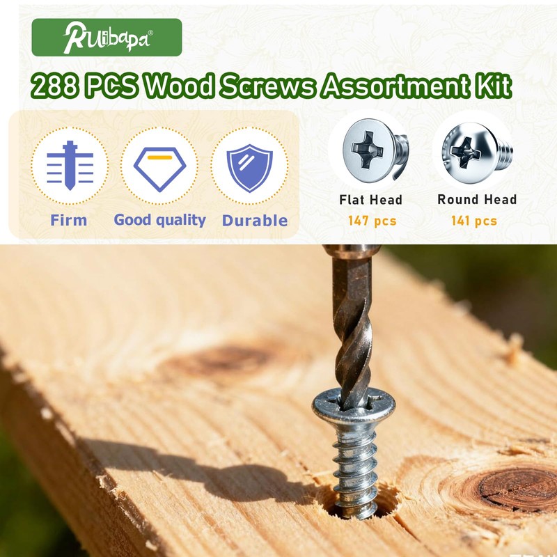 288PCS Screws Assortment Kit,Self Tapping Wood Screws #4/#6/#8/#10 Screw Assortment