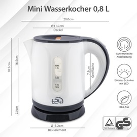 T24 Kettle Small 0.8 L - Compact & Lightweight, 1100 W, BPA-Free, Dry Running & Overheating Protection, TÜV Rheinland GS Certified, Ideal for Travel, Grey/White