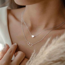 Aneneiceera Vintage Layered Heart Choker Necklace Gold Interlocking Heart Pendant Necklace Hollow Heart Necklace Stacking Love Necklace Jewelry for Women (Silver)