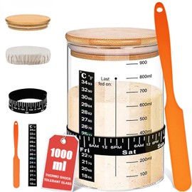 [Premium Glass] Sourdough Starter Kit - 1L Large Wide Mouth Sourdough Starter Jar, Recipe, Spatula, Thermometer, Date Marked Feeding Band, Cloth Cover - Sourdough Bread Baking Supplies Tools (Orange)