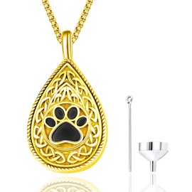 Zhi Kexin Teardrop Urn Necklace for Dog Ashes 925 Sterling Silver Gold Plated Pet Paw Print Cremation Memorial Pendant Celtic Knot Ash Keepsake Jewellery for Women Men