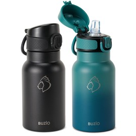 2PCS BUZIO 12oz Kids Insulated Water Bottle with Straw Lid, BPA-Free Stainless Steel Water Bottles with Handle Double Wall Vacuum Leak Proof Thermo Cup for School Boys Kids- Black+Blue