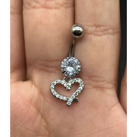 Heart 14 Gage Heart Shaped Lasso Belly Button Ring Stainless Steel Cubic Zirconia
