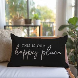PANDICORN This is Our Happy Place Pillow Covers 12x20 Inch Black Modern Farmhouse Outdoor Decorations Lumbar Decorative Throw Pillows Cases Cushion Cover for Living Room Bedroom Porch Couch Sofa Decor