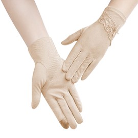 Women's Summer Short Lace Gloves Bow Knot Sun Protection Gloves Pretty Grace Retro Women's Cycling Gloves Thin Breathable Ice Silk Gloves for Wedding Opera Dance Party Concert, light beige