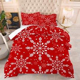 EDGZKO Christmas Comforter Set Queen: Christmas Snowflakes Red Bedding Sets for Teen Girls Women Bedroom Xmas Festival Quilt Winter Snow Duvet Bed Set 1 Comforter & 2 Pillowcases