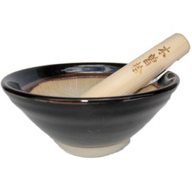 Made in Japan Mino Ware Ripple Ridge Mortar & Pestle (Suribachi & Surikogi) Set Small 5.91inches, for Both Right and Left Handed, Pottery Black TR53626 (Small)