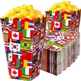 SiliFine 24 Pcs Paper Popcorn Boxes Printed with International Flags for Movie Night, Movie Theater Decor Popcorn Container, International Parties Supplies