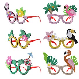 6 Pcs Hawaiian Luau Party Glasses Decor - Glitter Tropical Sunglasses Frames, Novelty Costume Eyeglasses Photo Props for Adults and Kids, Fun Summer Beach Party, Pool Party, and Vacation Decorations